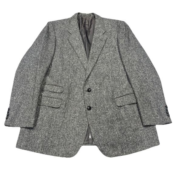 Vintage Stanford Executive Virgin Wool Black/Gray Tweed Blazer Jacket Size 46L - Picture 1 of 16